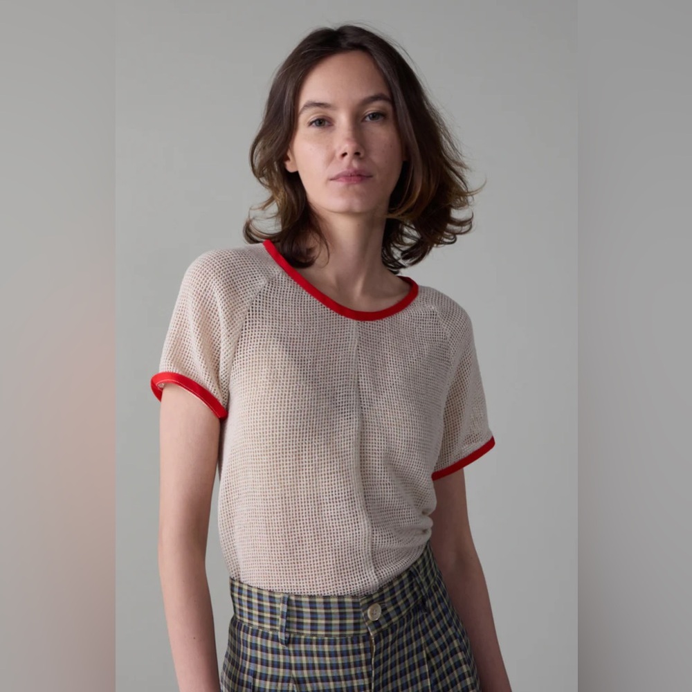 Caron Callahan Saddie Cream Mesh Top with Red Accents Size Small